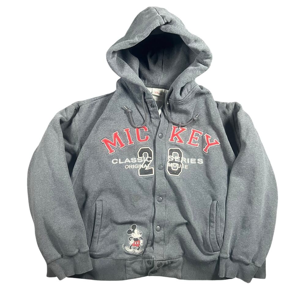 Disney Mickey Mouse Varsity Jacket XL Snap Hoodie Fleece Series 28 Gray